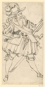 Ein Krieger in reicher Kleidung, grätschbeinig dastehend, die R. in die Seite gestemmt, mit der L. den Schaft einer Lanze haltend