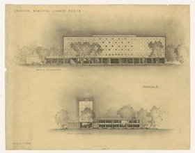 Berlin, Amerika-Gedenkbibliothek, Entwurfsblatt mit Nord- und Westansicht