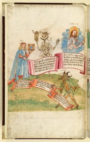 Totentanz für Wilhelm Werner, Graf zu Zimmern - Teufel, Jungfrau, Tod und Salvator mundi mit Spruchbändern