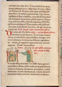 Der Bischof Damasus übergibt zwei Männern den Brief des Hieronymus