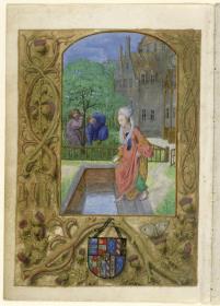 Das Bad der Susanna. Hinten im Schlosshof unter einem Baum die beiden Alten. Unten das Wappen Maria und Maximilians, in: Stundenbuch der Maria von Burgund und Kaiser Maximilians