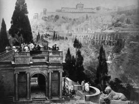 Historisches Foto: Detail aus dem Pergamonpanorama der Jubiläumsausstellung der Berliner Kunstakademie 1886 (Maler: Alexander Kips, Max Koch)