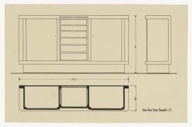 Buffetschrank, verschiedene Ansichten (Möbelentwürfe, Körpermöbel, Schränke)
