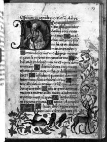 Gebetbuch des Hans Knorr, Blatt 73 recto: Der Tod als halbverwester Leichnam mit Schaufel - Initiale D
