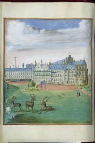 Das königliche Schloss in Brüssel. Ansicht vom Park, mit Hirschen auf einer Wiese im Vordergrund, in: Peeter van den Clooster, Oorspronck der Gulde van S. Jooris binnen de Stadt Brussele