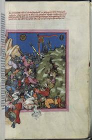 Toggenburg-Bibel. Josua erschlägt alle Heiden vor Gabaon, während Sonne und Mond stille stehen