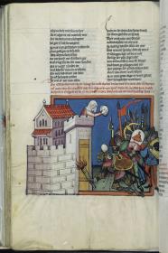 Toggenburg-Bibel. Abimelech wird vor der Stadt Thebez durch einen Mühlstein erschlagen, den eine Frau von der Mauer wirft