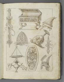 Codex Mantegna, vier Helme, zwei Schwerter, Lampe, Kasten