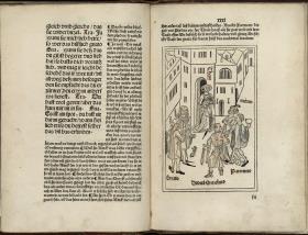 Terentius Afer, Publius: Eunuchus, deutsch. Mit Komm. Ulm: Konrad Dinckmut für Hans Nythart, 1486, Actus 2: Dorus Eunuchus, Thais, Gnato, Parmeno, Morin, Traso