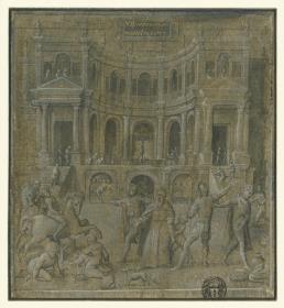 Der Tempel von Jerusalem mit dem zerrissenen Vorhang und dramatischer Szene im Vordergrund