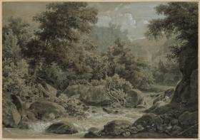 Gebirgs- und Waldlandschaft, vorn ein Bach