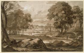 Große Waldlandschaft mit antiker Stadt und figürlicher Staffage