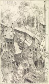 Blick von der Burg in Nürnberg auf den kleinen Platz am Thiergärtner Tor mit dem Dürer-Haus