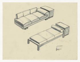 Ruhesofa, zwei Varianten (Möbelentwürfe, Sitzmöbel)