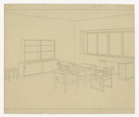 Sitzecke mit Schrank und Schreibtisch (Möbelentwürfe, Wohnräume)