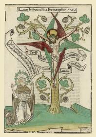 Suso betet vor dem Gekreuzigten am Weinstock, aus Suso, Henricus: Buch der Seusse, Blatt LIXv
