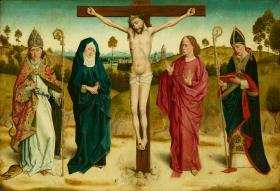 Christus am Kreuz zwischen Maria und Johannes, Adolphus und Ambrosius (rechter Flügel zu Kat.Nr. 550)