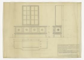 Damenzimmer, Bücherschrank, Vorder-und Seitenansicht, Auftrag Ott (Möbelentwürfe, Körpermöbel, Schränke)