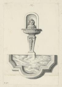 Wandbrunnen mit Bassin. Ansicht von vorn und oben