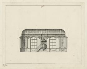 Wandaufriss eines tonnengewölbten Kirchensaals mit zwei Fensterachsen und Kanzel