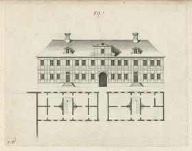 Zweistöckiges Wohngebäude mit Durchfahrt. Aufriss und Grundriss