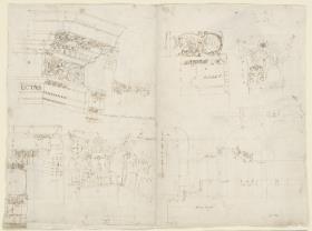 Diocletians Thermen, Gesims mit Aufschrift ECTAS, Details, zwei Kapitellskizzen, ein Grundriss