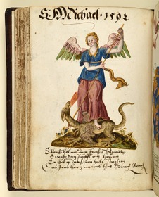 Stammbuch des Leonhard Hayder von Nürnberg: Erzengel Michael tötet den Drachen