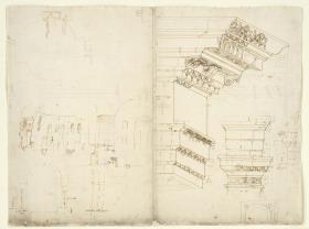 Diocletians Thermen, Gesims, Grundriss und Schnittskizzen der Rotunde B und Umgebung, Gesims und Antenkapitell