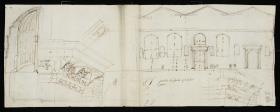 Diocletians Thermen, Aufriss der Fassade der Nordwestseite,von der zweiten Ecke aus, Gesims