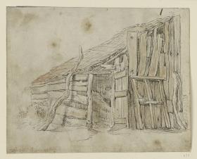 Holzschuppen mit Pultdach, an den ein knorriger Stamm gelehnt ist (Skizzenbuchblatt)