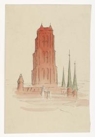 Kirchturm in einer Landschaft (Figürliche u. a. Darstellungen)