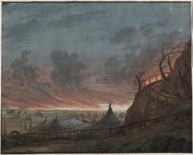Die Jungfrau von Orleans. Trauerspiel von Friedrich Schiller. Entwurf zur 4. Dekoration. Das brennende Lager der Engländer