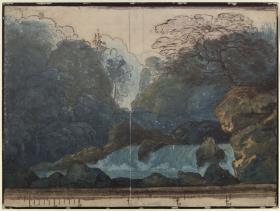Undine. Oper von E. T. A. Hoffmann. Entwurf der 2. Dekoration. Wald mit Wasserfall