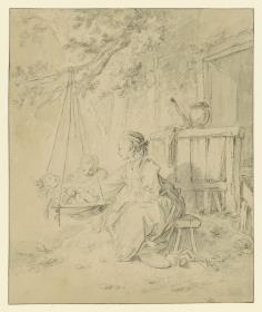 Mutter vor dem Haus mit zwei Kindern und einer Schaukel (Le Berceau)