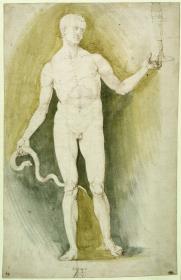 Aktfigur mit Glas und Schlange