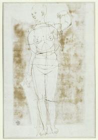 Proportionsstudie einer nackten Frau mit einem Schild