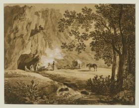 Landschaft mit einer Gruppe von Frauen, die links vor einer Felsgrotte Feuer machen, rechts daneben ihr Wagen und ein ausgespanntes Pferd. Rechts im Vordergrunde eine Baumgruppe