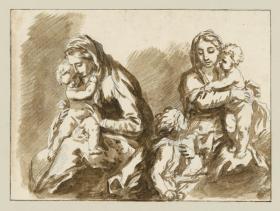Zwei Studien einer Madonna mit dem Kind. Zu der rechts befindlichen Gruppe tritt von links der Johannesknabe hinzu