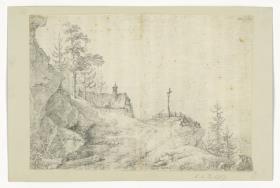 Einsiedlerhütte am Bergwege. Rechts ein Kreuz