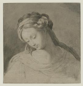 Brustbild einer jungen Frau nach links niederblickend (Studie zu einer Madonna?) ,
