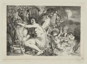 Eine Satyrfamilie. Die Frau melkt links eine Ziege. Rechts hinten der Satyr und die beiden Kinder. - Vielleicht soll die Sage von der Amalthea dargestellt sein