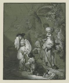 Die Verstoßung der Hagar. Hagar geht weinend mit Israel nach links. Abraham wendet sich nach rechts dem Hause zu. Hinten sind Sara und ihr Sohn sichtbar