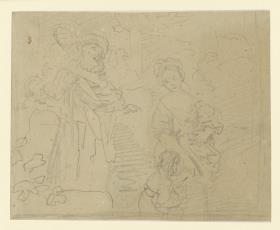 Die Verstoßung der Hagar. Abraham, hinter dem Sara und ihr Sohn sichtbar sind, weist Hagar mit ihrem Kinde nach rechts fort