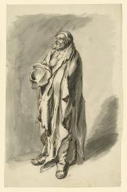 Stehender Bettler, den Hut vor der Brust