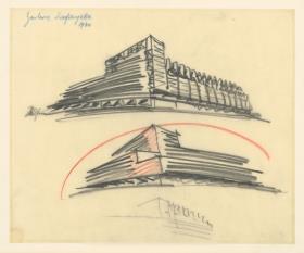 Berlin, Projekt Galerie Lafayette, Potsdamer Platz, zwei Fassadenasichten, eine Fassadenskizze