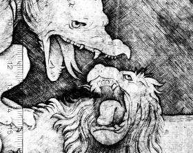Drache greift einen Löwen an