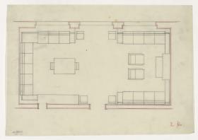 Kaminzimmer, Grundriss 2B, Auftrag Götsch, Musikheim (Möbelentwürfe, Wohnräume)