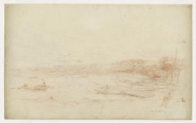 Landschaft (Boote auf einem See, Bootssteg und bewaldetes Seeufer)