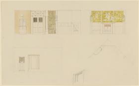 Giessen, Grossherzogliche Wohnung im Alten Schloss   Wohnzimmer, Skizzenblatt mit Aufrissen der Süd- und Ostseite, Grundriss und Aufriss der Kaminecke und Details