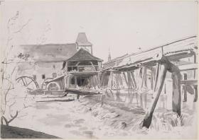 Holzbrücke mit Wehr und Wassermühle